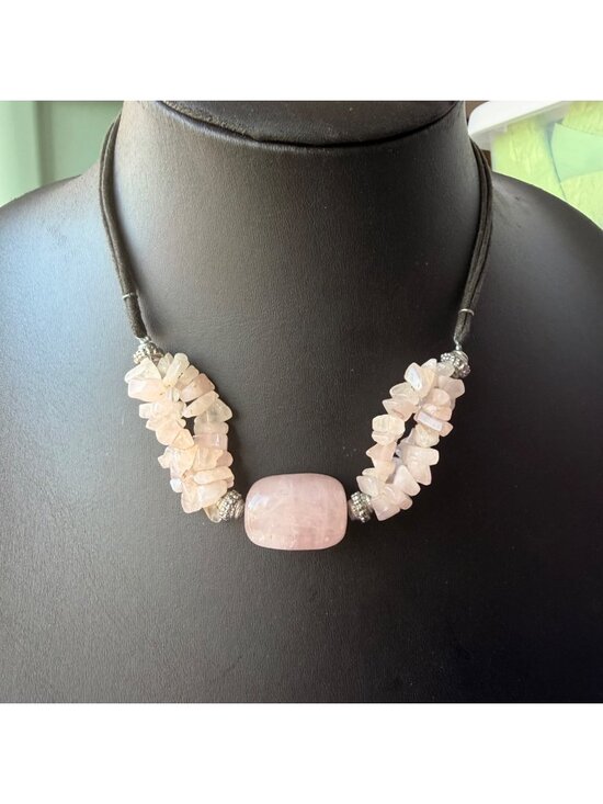 unbranded Jewelry - Rose Quartz Beaded Statement Necklace With Adjustable Black Cord